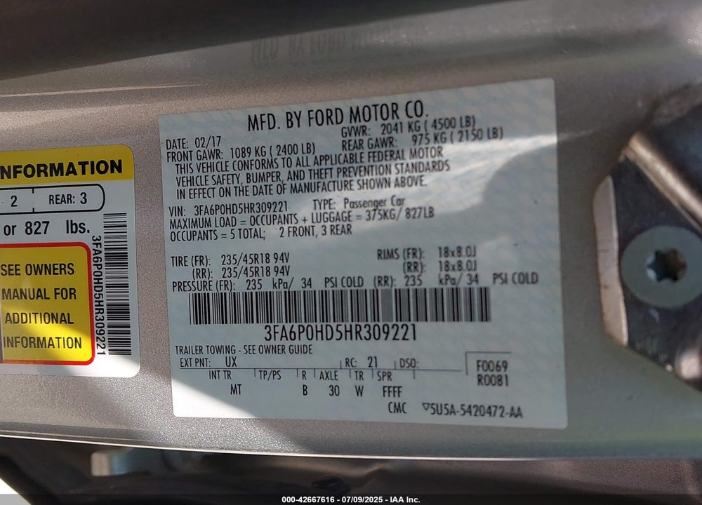 2017 FORD FUSION VIN: 3FA6P0HD5HR309221