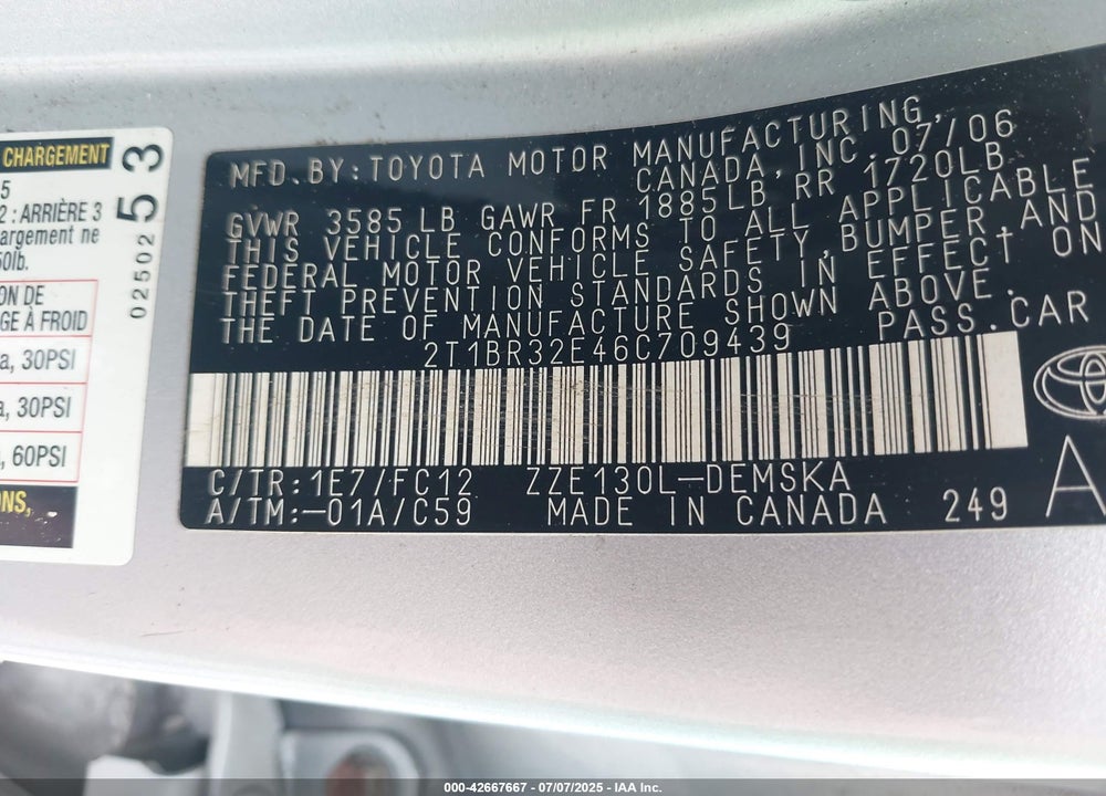 2006 TOYOTA COROLLA VIN: 2T1BR32E46C709439
