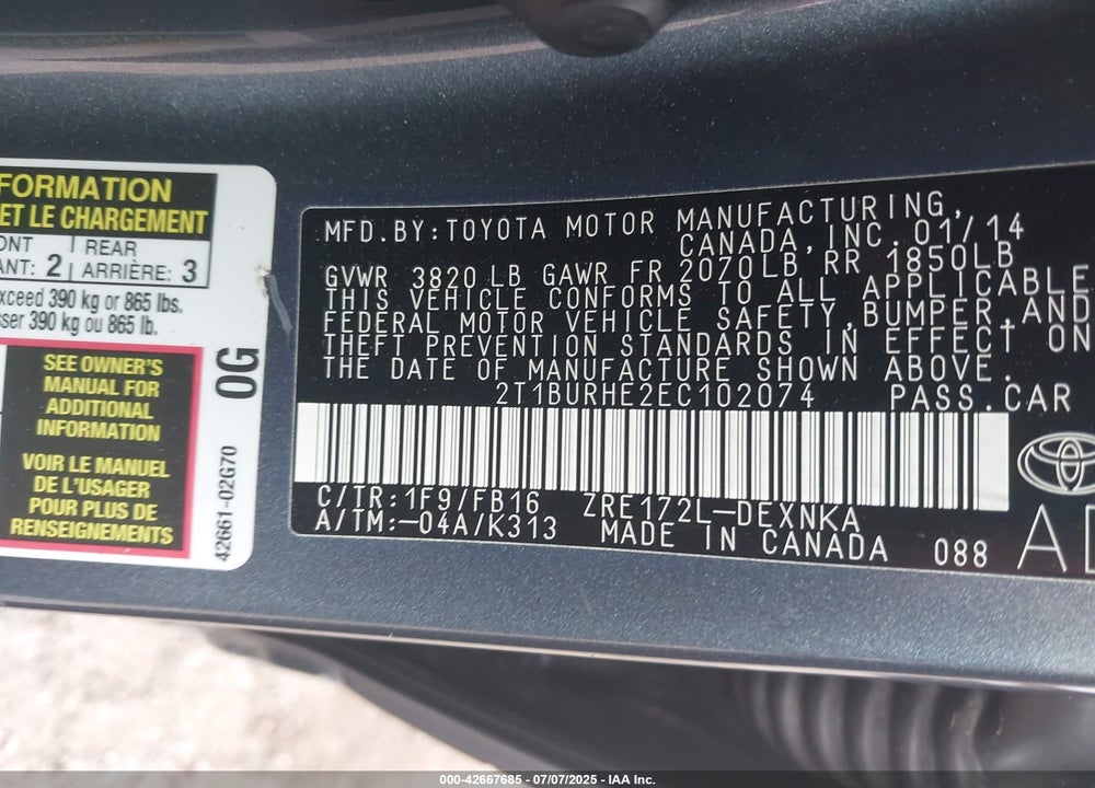 2014 TOYOTA COROLLA VIN: 2T1BURHE2EC102074