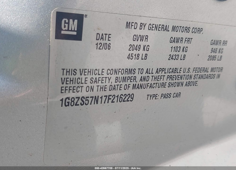 2007 SATURN AURA VIN: 1G8ZS57N17F216229