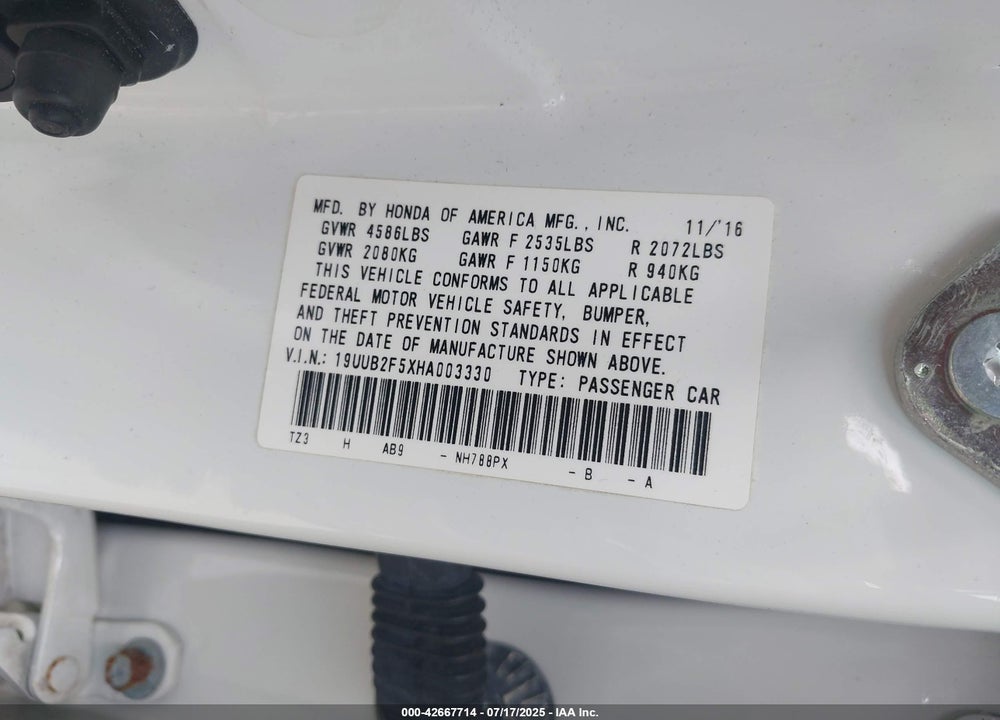 2017 ACURA TLX VIN: 19UUB2F5XHA003330