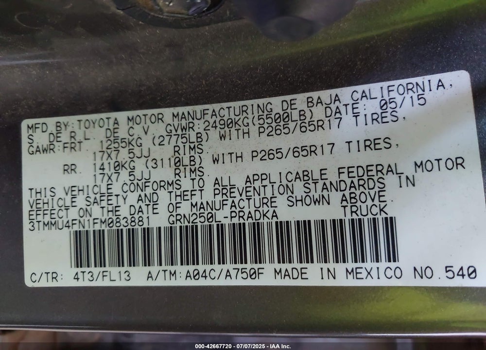 2015 TOYOTA TACOMA VIN: 3TMMU4FN1FM083881