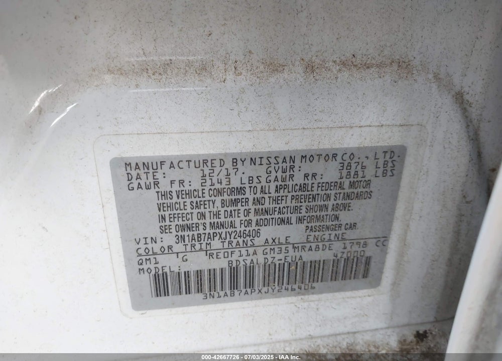 2018 NISSAN SENTRA VIN: 3N1AB7APXJY246406