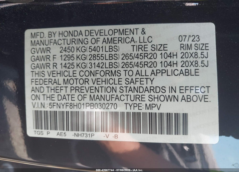 2023 HONDA PASSPORT VIN: 5FNYF8H01PB030270