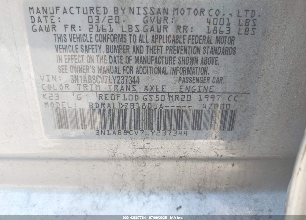 2020 NISSAN SENTRA VIN: 3N1AB8CV7LY237344