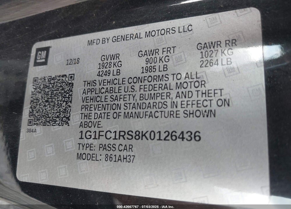 2019 CHEVROLET CAMARO VIN: 1G1FC1RS8K0126436