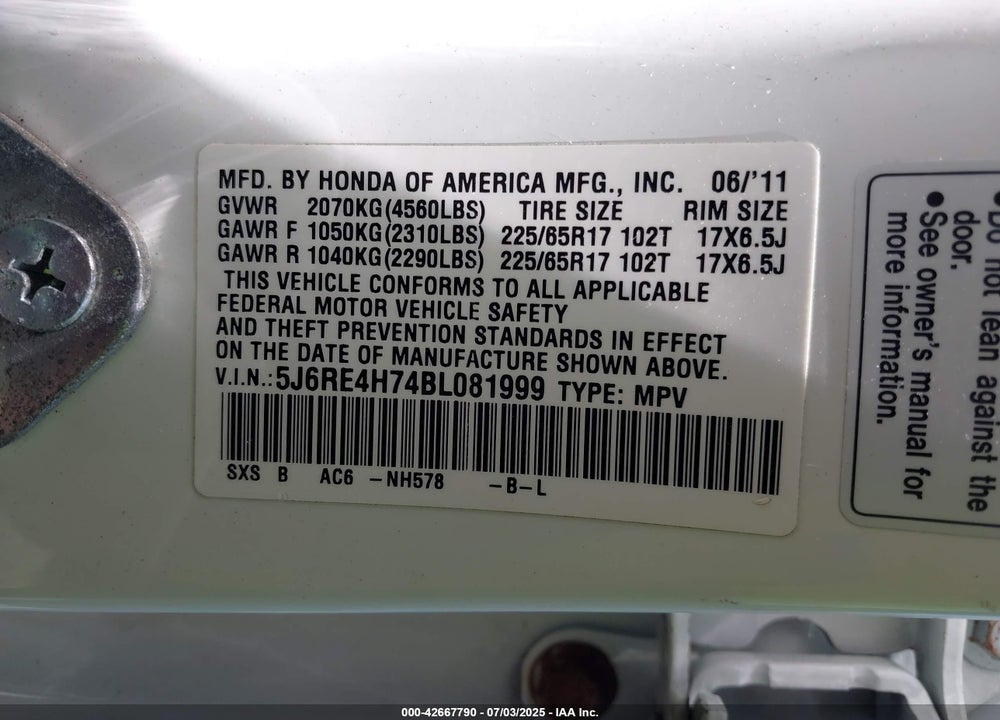2011 HONDA CR-V VIN: 5J6RE4H74BL081999