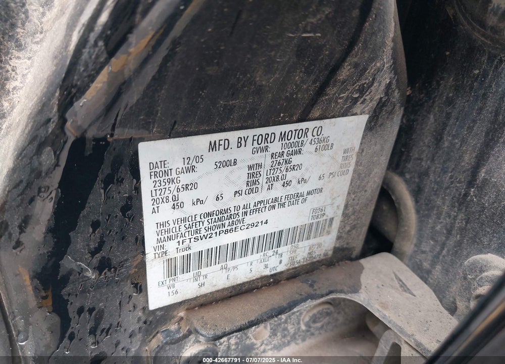 2006 FORD F-250 LARIAT/XL/XLT VIN: 1FTSW21P86EC29214