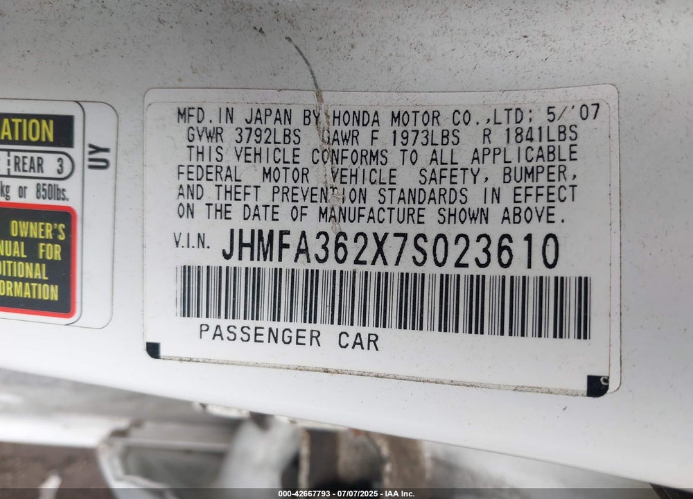 2007 HONDA CIVIC HYBRID VIN: JHMFA362X7S023610