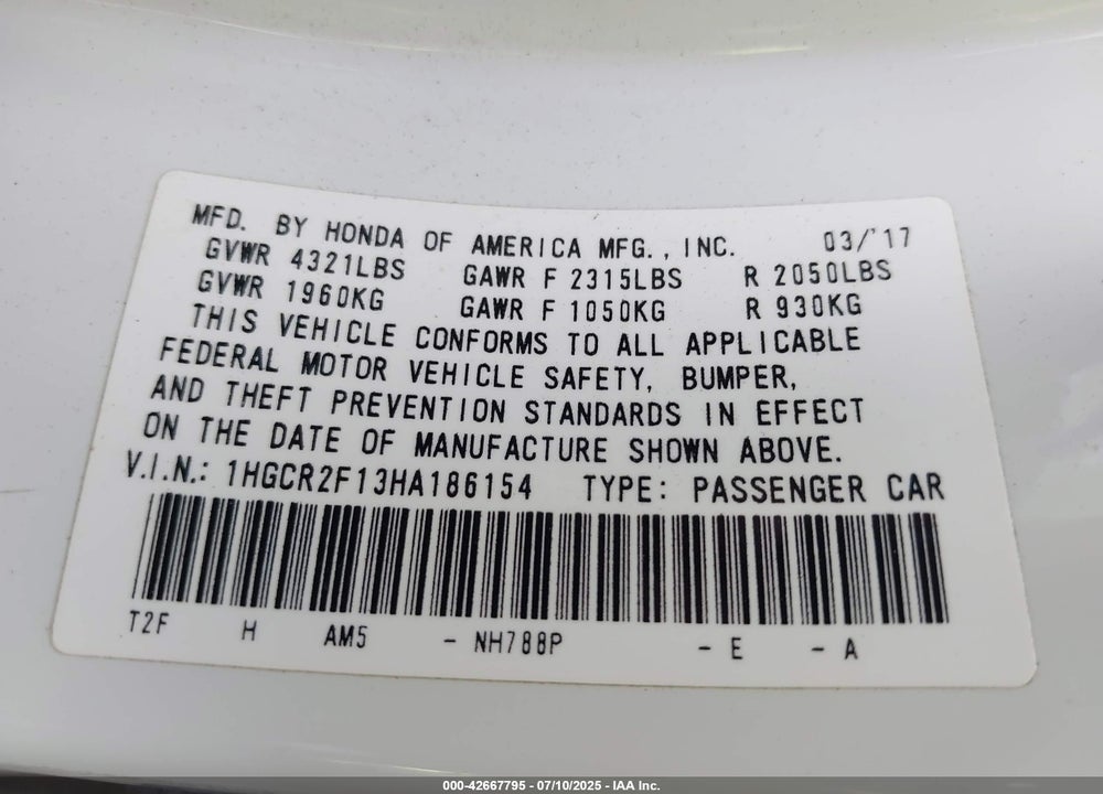 2017 HONDA ACCORD VIN: 1HGCR2F13HA186154