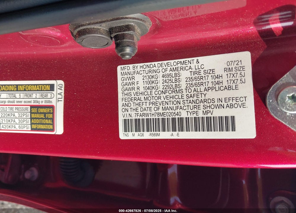 2021 HONDA CR-V VIN: 7FARW1H78ME020540