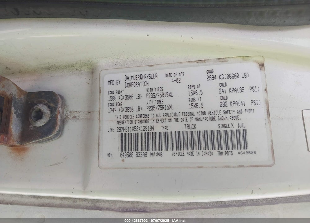 2002 DODGE RAM VAN 1500 CONVERSION VIN: 2B7HB11X52K128184