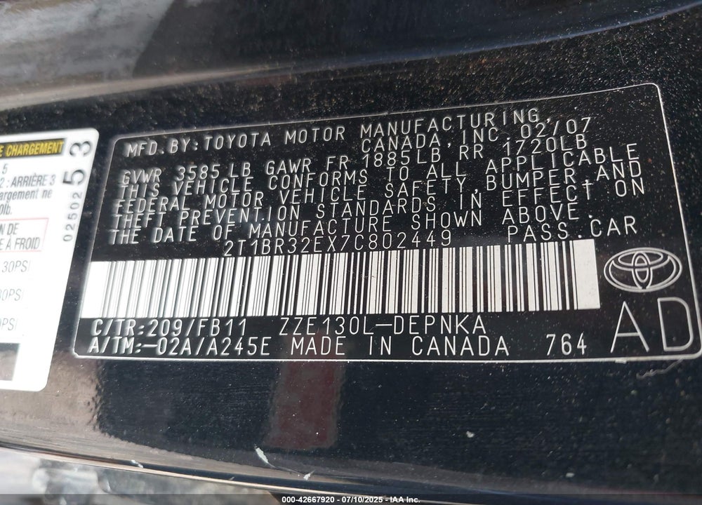 2007 TOYOTA COROLLA LE VIN: 2T1BR32EX7C802449
