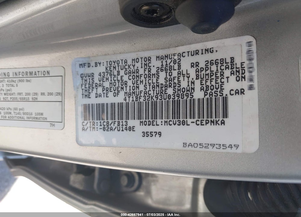 2003 TOYOTA CAMRY LE V6 VIN: 4T1BF32K93U039895