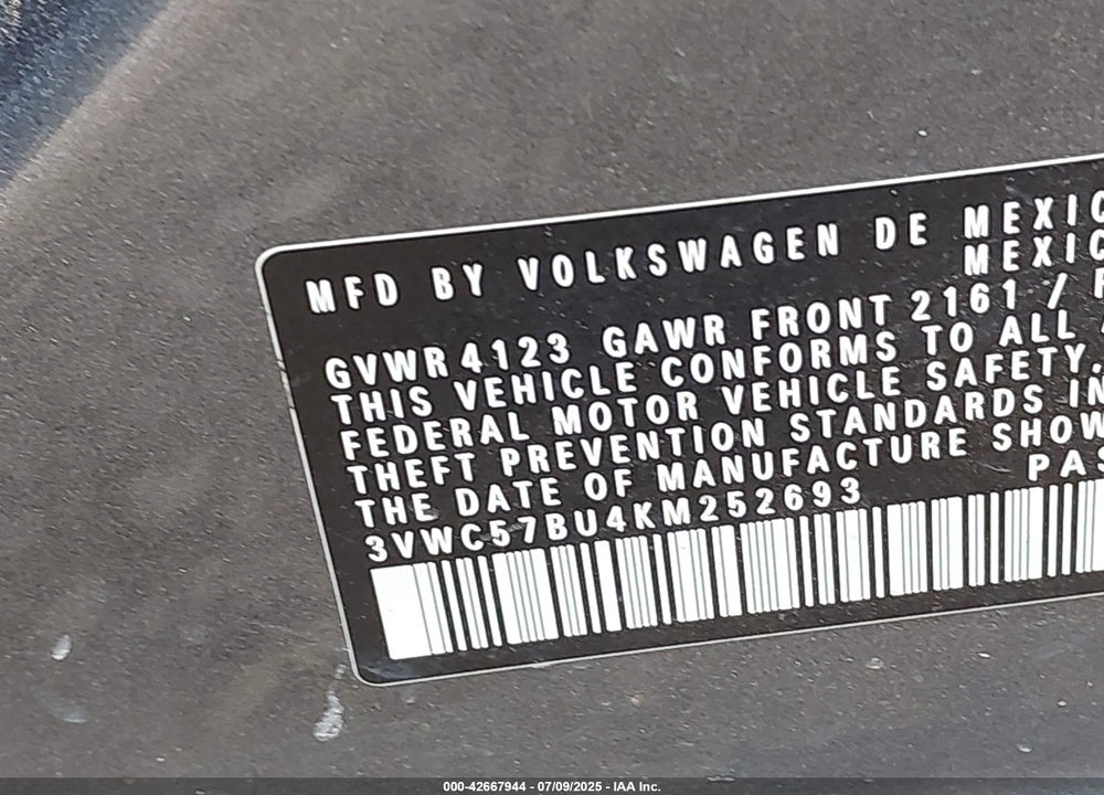 2019 VOLKSWAGEN JETTA 1.4T R-LINE/1.4T S/1.4T SE VIN: 3VWC57BU4KM252693
