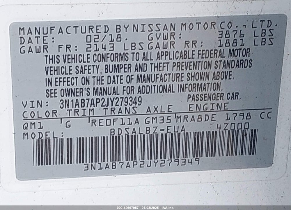 2018 NISSAN SENTRA VIN: 3N1AB7AP2JY279349