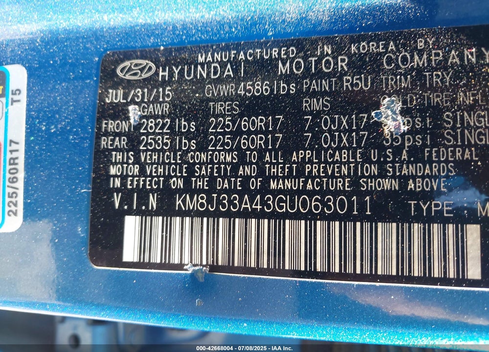 2016 HYUNDAI TUCSON VIN: KM8J33A43GU063011