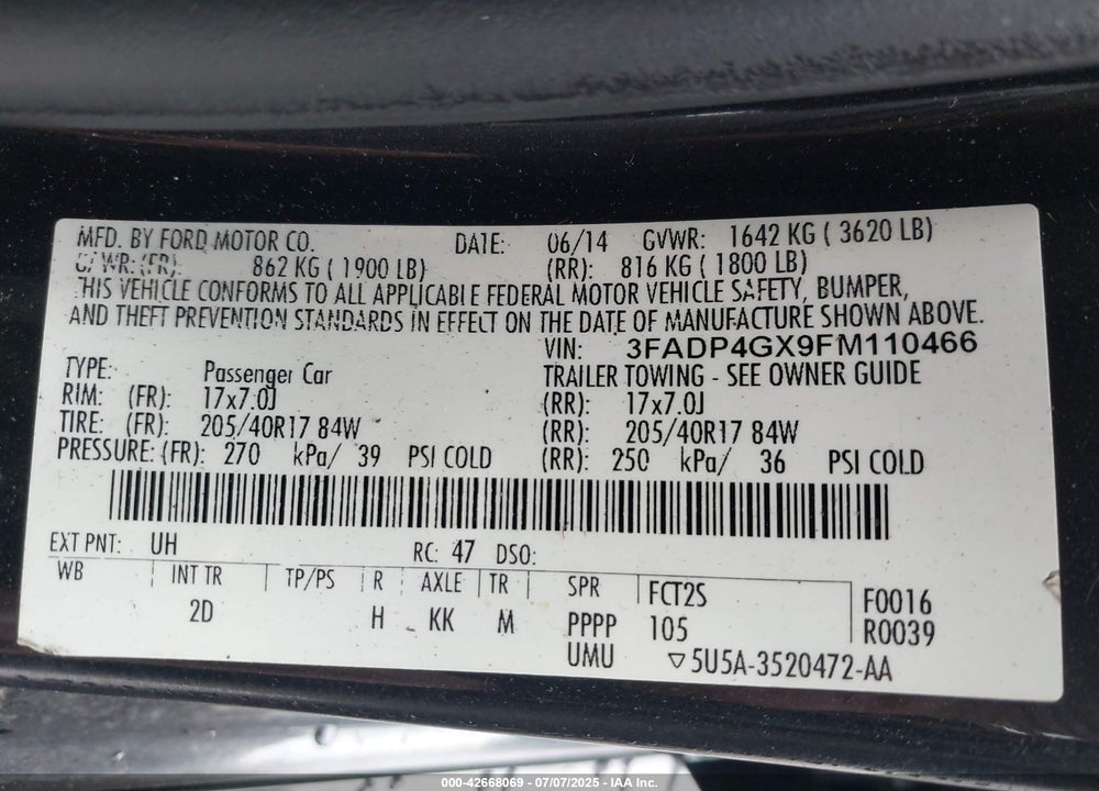 2015 FORD FIESTA VIN: 3FADP4GX9FM110466