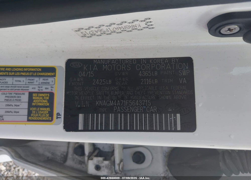 2015 KIA OPTIMA VIN: KNAGM4A71F5643715