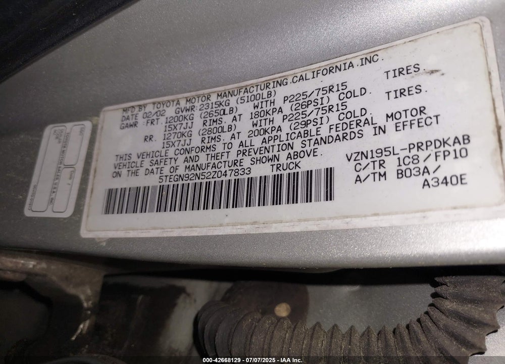 2002 TOYOTA TACOMA PRERUNNER V6 VIN: 5TEGN92N52Z047833