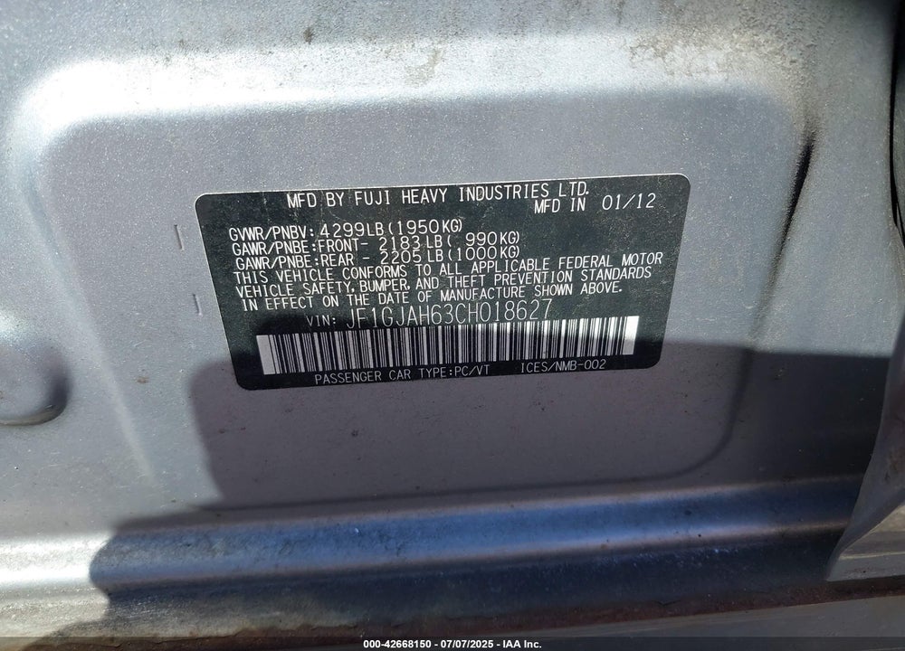 2012 SUBARU IMPREZA 2.0I LIMITED VIN: JF1GJAH63CH018627