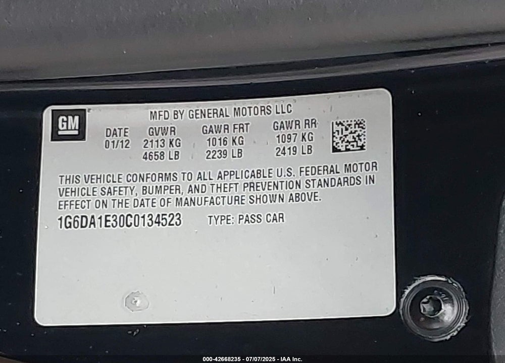 2012 CADILLAC CTS VIN: 1G6DA1E30C0134523
