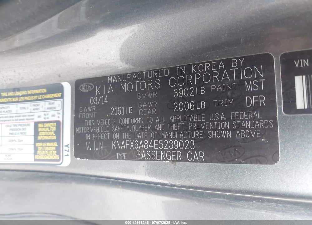 2014 KIA FORTE VIN: KNAFX6A84E5239023