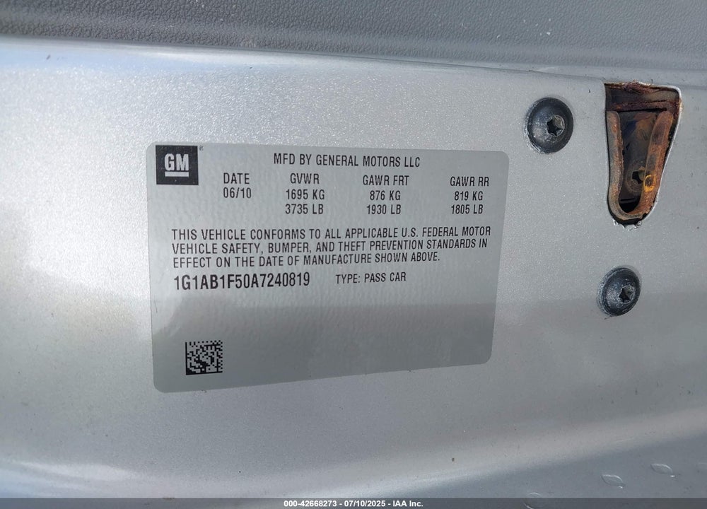 2010 CHEVROLET COBALT VIN: 1G1AB1F50A7240819