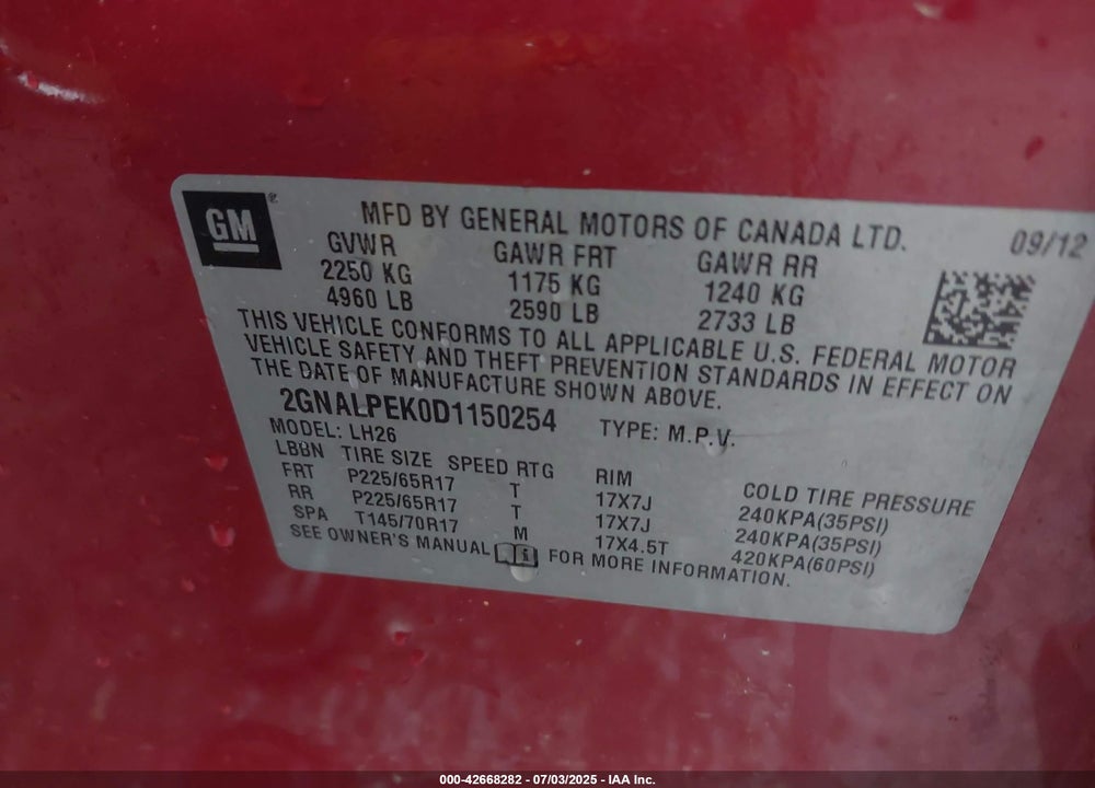 2013 CHEVROLET EQUINOX 2LT VIN: 2GNALPEK0D1150254