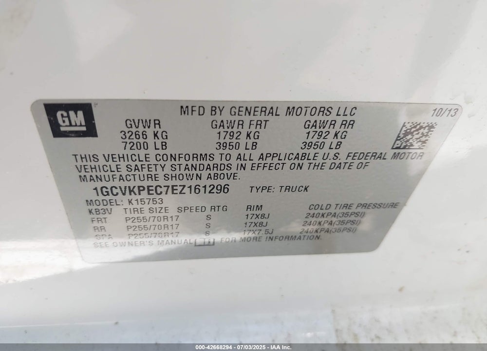 2014 CHEVROLET SILVERADO 1500 VIN: 1GCVKPEC7EZ161296