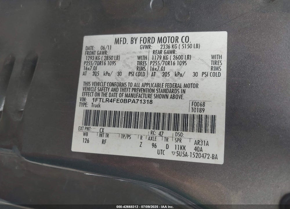 2011 FORD RANGER SPORT VIN: 1FTLR4FE0BPA71318