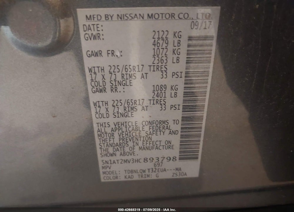 2017 NISSAN ROGUE VIN: 5N1AT2MV3HC893798