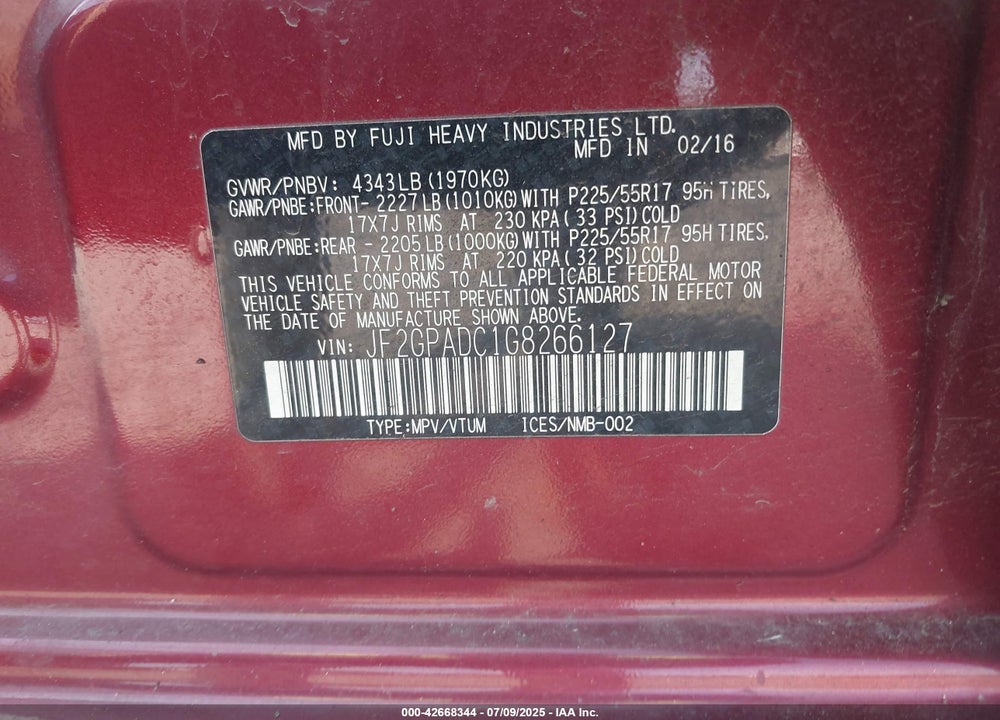 2016 SUBARU CROSSTREK VIN: JF2GPADC1G8266127