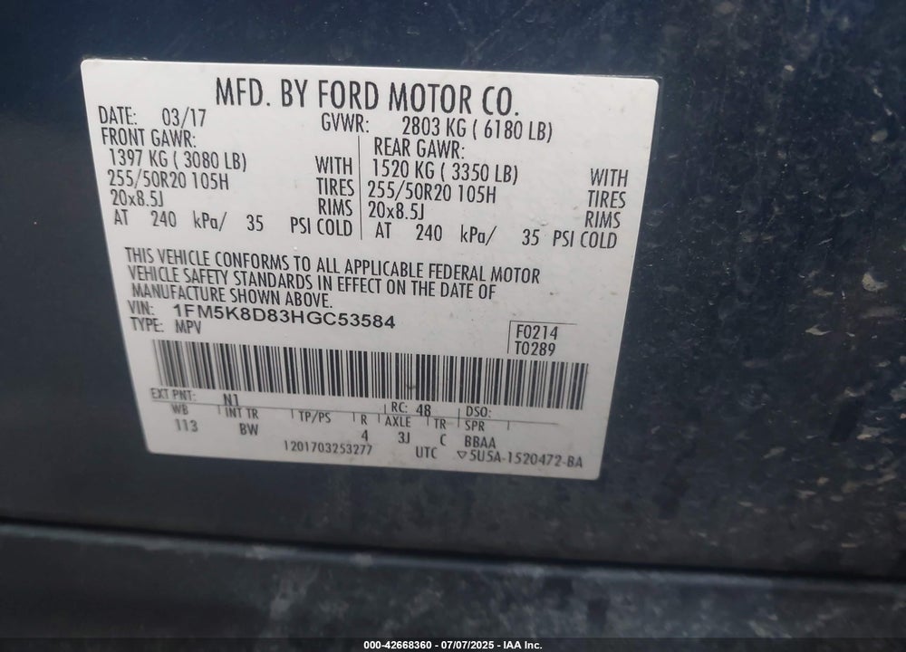 2017 FORD EXPLORER XLT VIN: 1FM5K8D83HGC53584