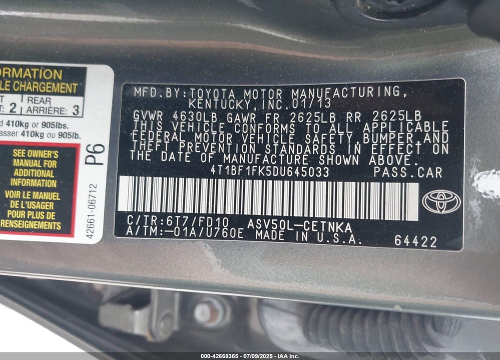 2013 TOYOTA CAMRY VIN: 4T1BF1FK5DU645033