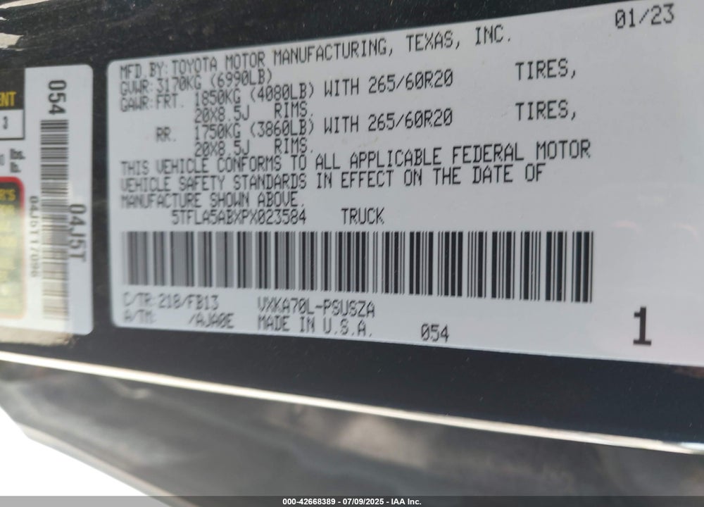 2023 TOYOTA TUNDRA VIN: 5TFLA5ABXPX023584