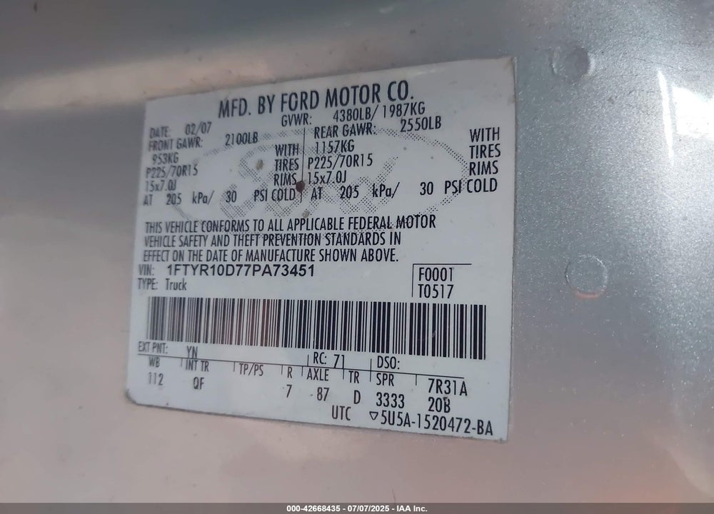 2007 FORD RANGER STX/XL/XLT VIN: 1FTYR10D77PA73451