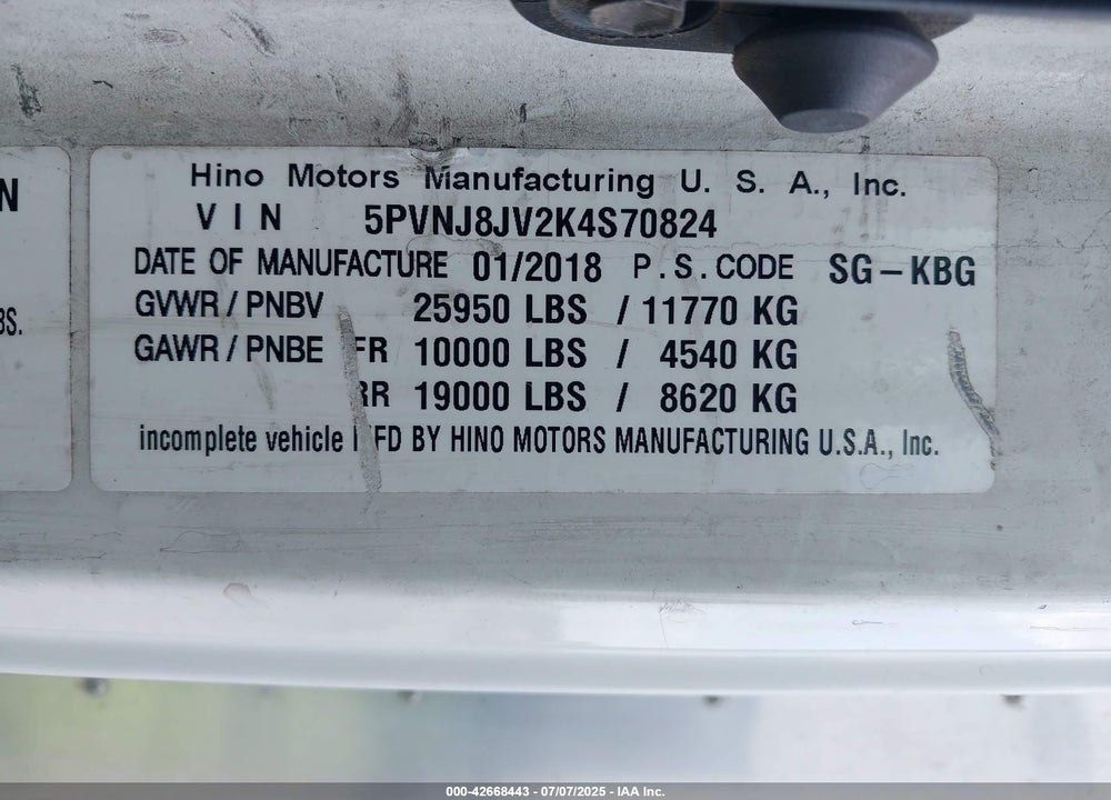 2019 HINO 258/268 VIN: 5PVNJ8JV2K4S70824