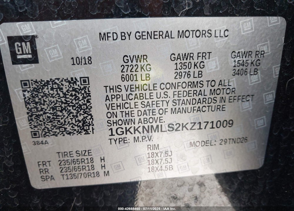 2019 GMC ACADIA SLT-1 VIN: 1GKKNMLS2KZ171009