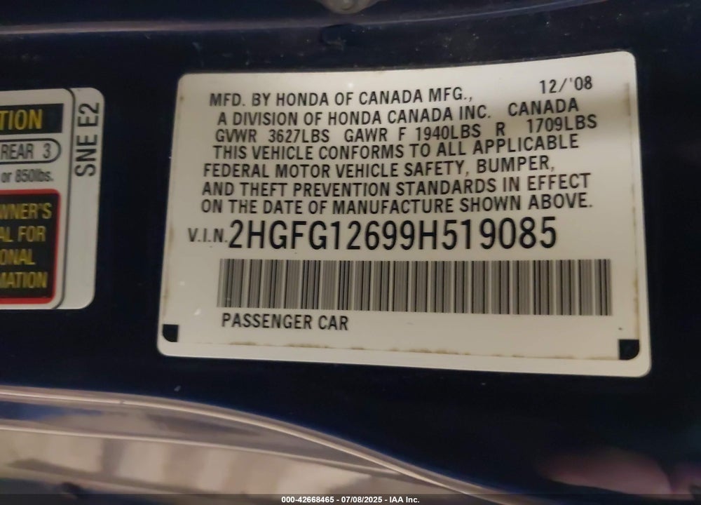 2009 HONDA CIVIC VIN: 2HGFG12699H519085