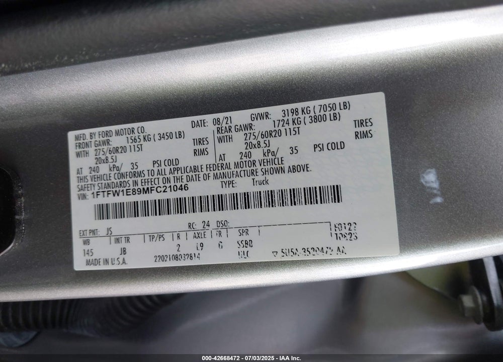2021 FORD F-150 VIN: 1FTFW1E89MFC21046