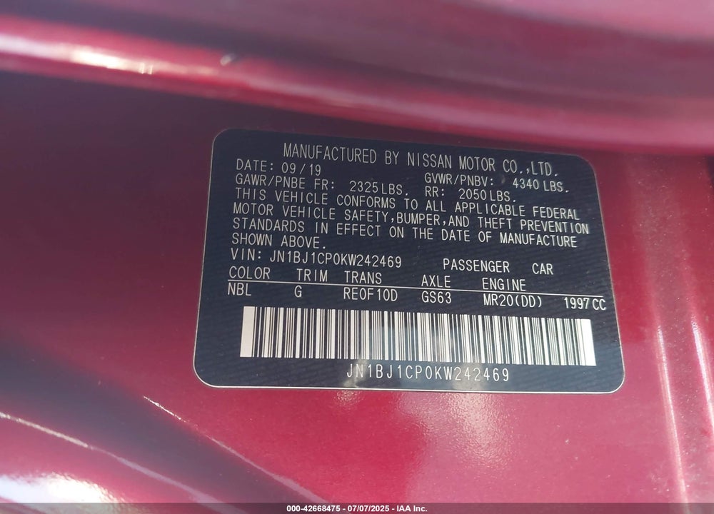 2019 NISSAN ROGUE SPORT S VIN: JN1BJ1CP0KW242469