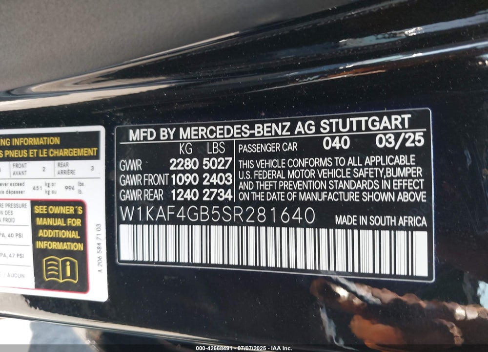 2025 MERCEDES-BENZ C CLASS VIN: W1KAF4GB5SR281640