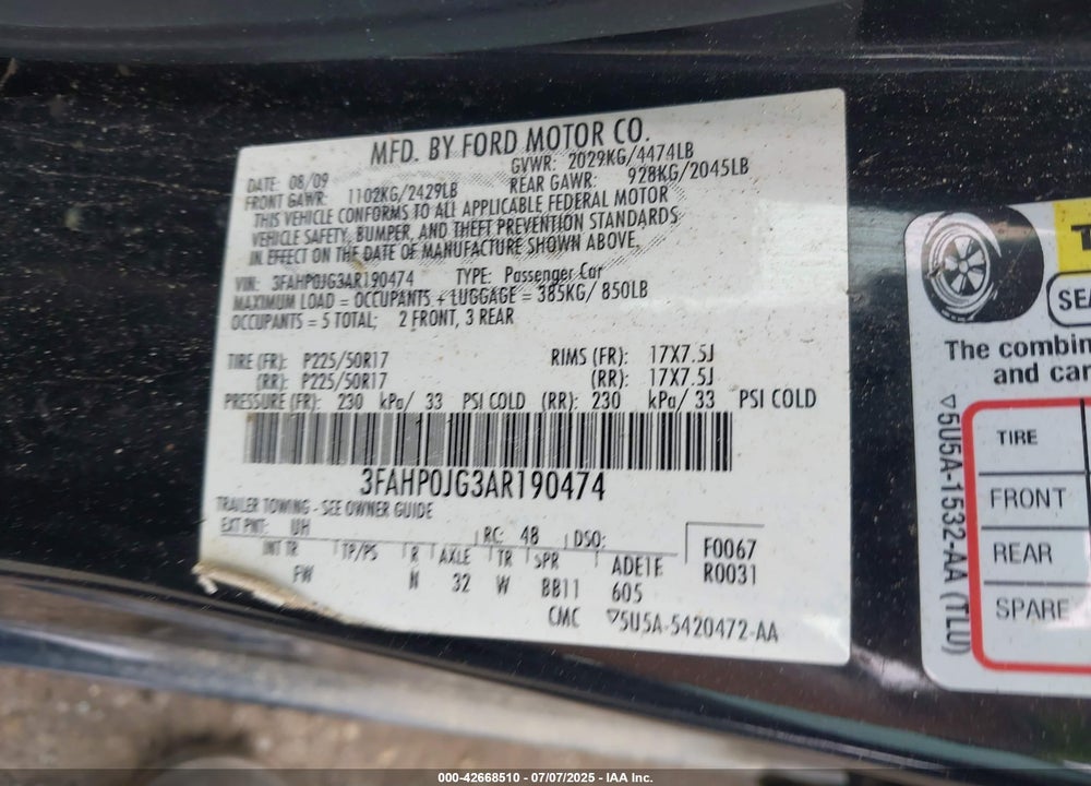 2010 FORD FUSION VIN: 3FAHP0JG3AR190474