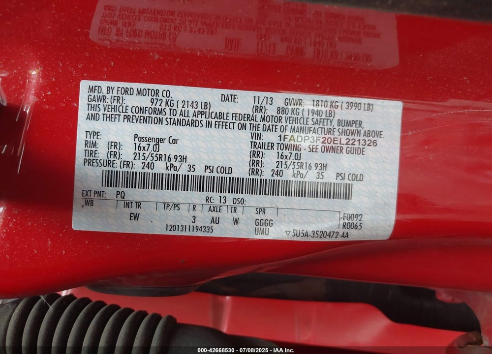 2014 FORD FOCUS VIN: 1FADP3F20EL221326