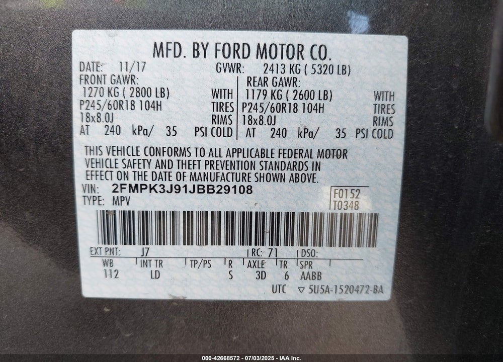 2018 FORD EDGE VIN: 2FMPK3J91JBB29108