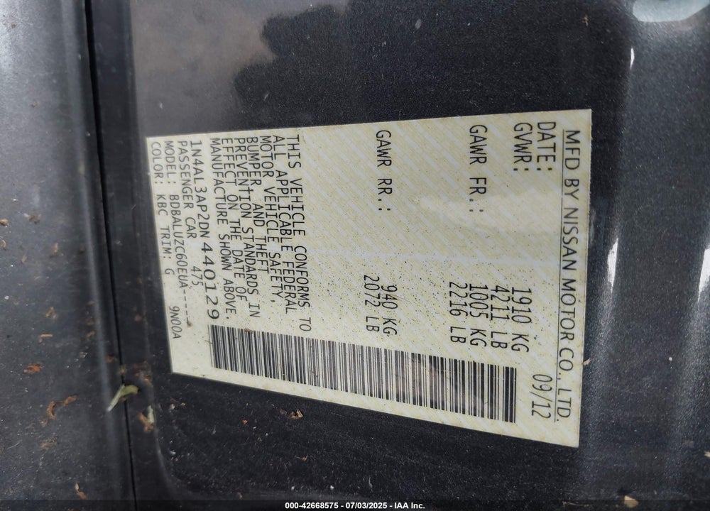 2013 NISSAN ALTIMA 2.5 SV VIN: 1N4AL3AP2DN440129