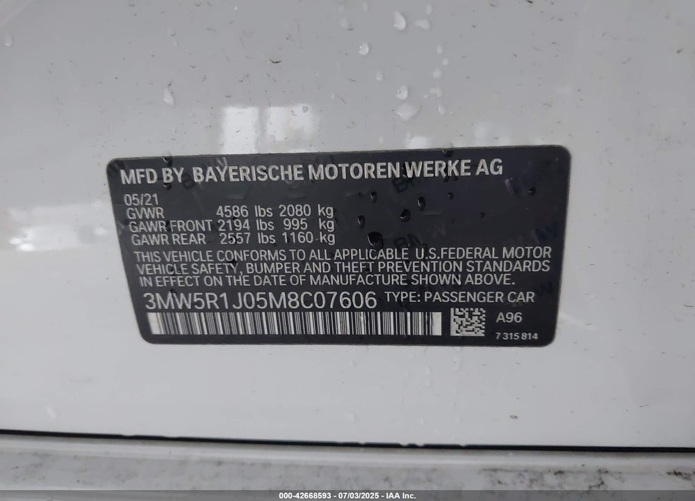 2021 BMW 3 SERIES VIN: 3MW5R1J05M8C07606