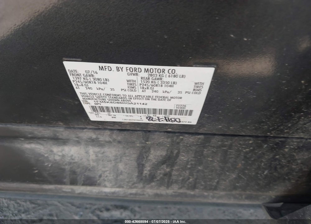 2017 FORD EXPLORER VIN: 1FM5K8D86HGA21142