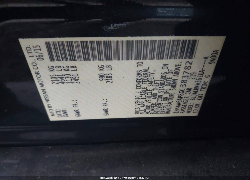 2016 NISSAN MAXIMA VIN: 1N4AA6AP8GC383782